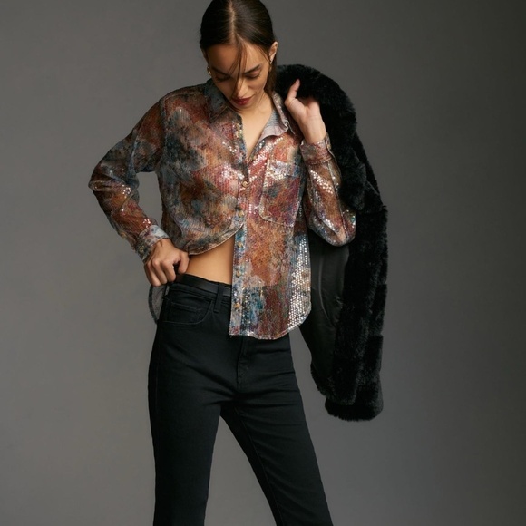 NWT  Pilcro Shrunken Sequin Buttondown Shirt  Medium - Picture 1 of 8